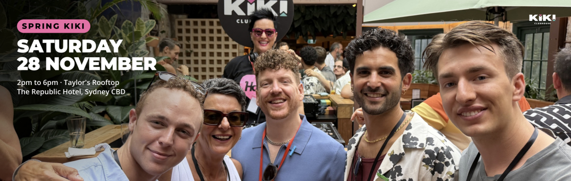 Guests smiling together at Kiki. Spring Kiki, Saturday 28 November, 2pm to 6pm at Taylor's Rooftop, The Republic Hotel, Sydney CBD
