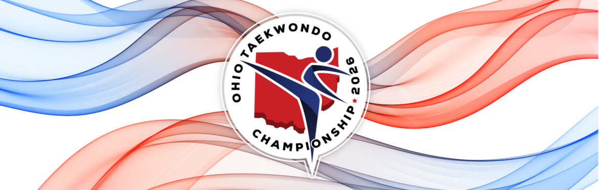 Ohio Taekwondo Championship Logo flanked by two kicking Tae Kwon Do competitors in sparring gear on blue and red color burst background