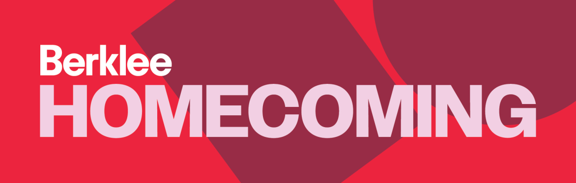 red shapes with branded text 'Berklee Homecoming'