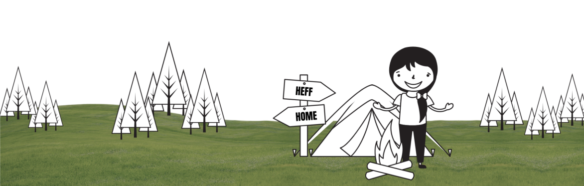 A simple graphic of a person standing in front of a tent and sign post for HEFF.