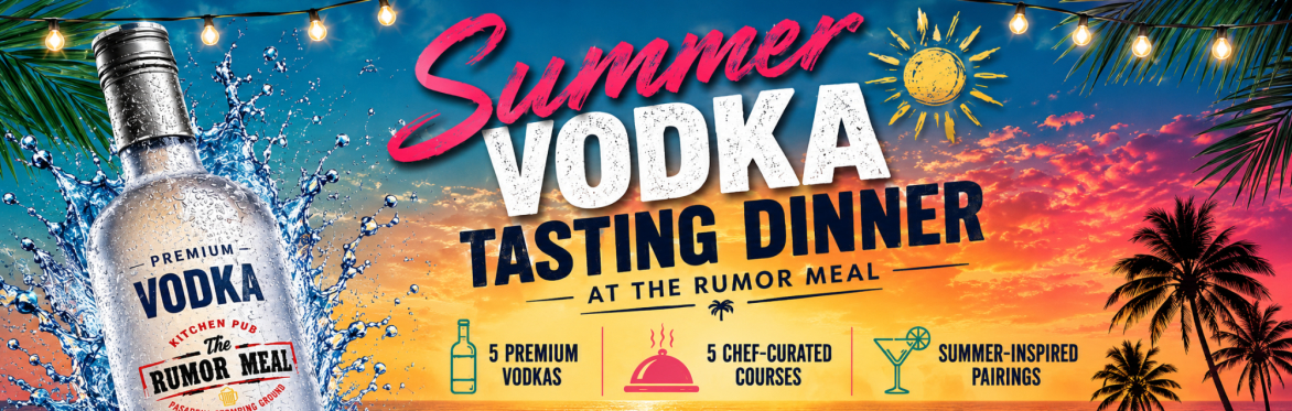 Summer Vodka Tasting headline next to a vodka bottle on a summer sunset background.