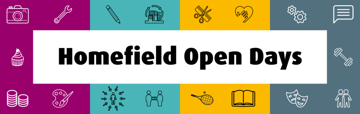 Banner showing symbols of different subjects. Text reads Homefield Open Days