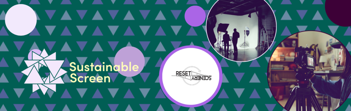 A graphic showing two pictures of film sets, and the Reset scenery logo and sustainable screen logo against a green triangle-patterned background.