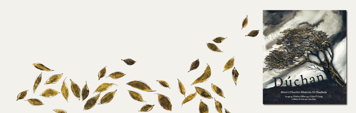Gold and brown leaves floating in the wind, and the cover of Dúchan book