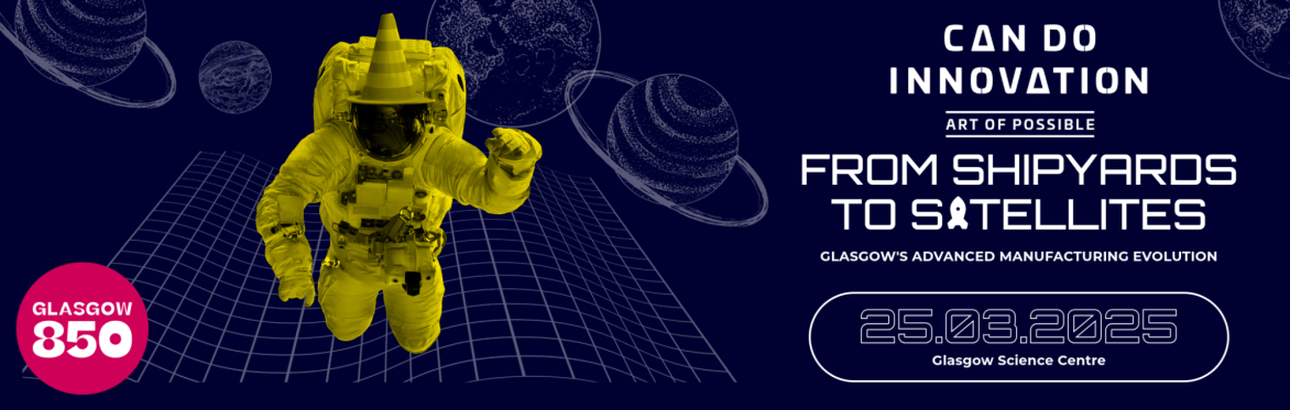 Banner for event showing astronaut with traffic cone on head.