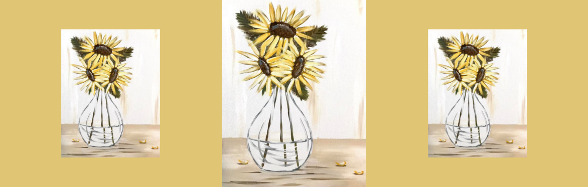 3 repeats of same image of a bouquet of bright sunflowers rests in a clear glass vase, creating a warm, cheerful, and rustic floral scene.