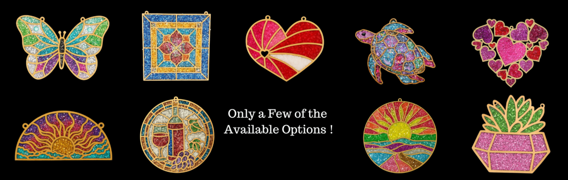 A vibrant collection of sparkling crushed glass designs showcases butterflies, hearts, turtles, sunsets, florals, and geometric patterns, each bursting with color and creativity.