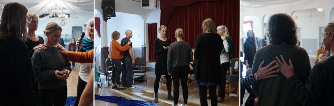 A montage of photos of ritual participants standing, moving and connecting.