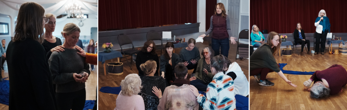A montage of photos of ritual participants standing, moving and connecting.