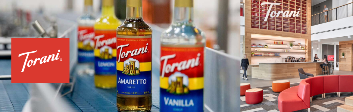 Torani bottles, torani logo, and torani office