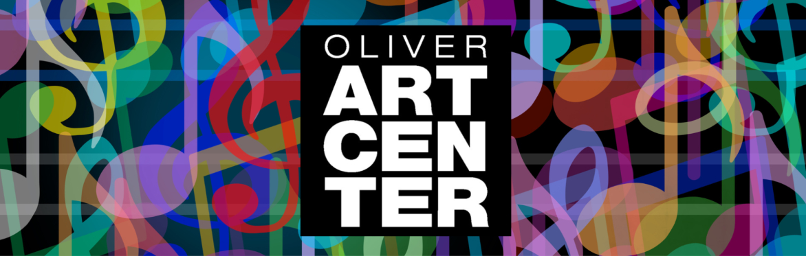 Oliver Art Center logo on a background of musical notes