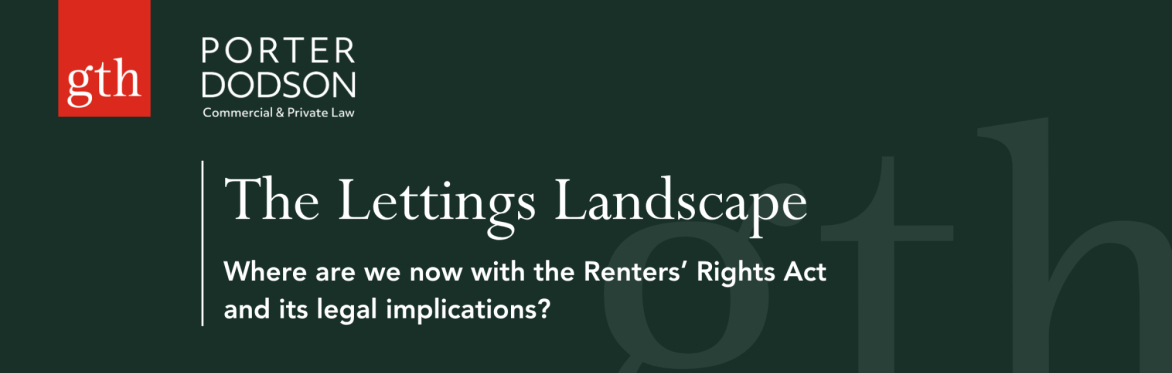 The image contains the Greenslade Taylor Hunt and Porter Dodson logos. The event title says: The Lettings Landscape - Where are we now with the Renters' Rights Act and its legal implications?