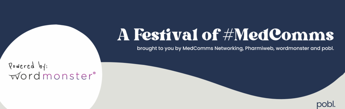 a festival of medcomms banner, coloured in blue and grey