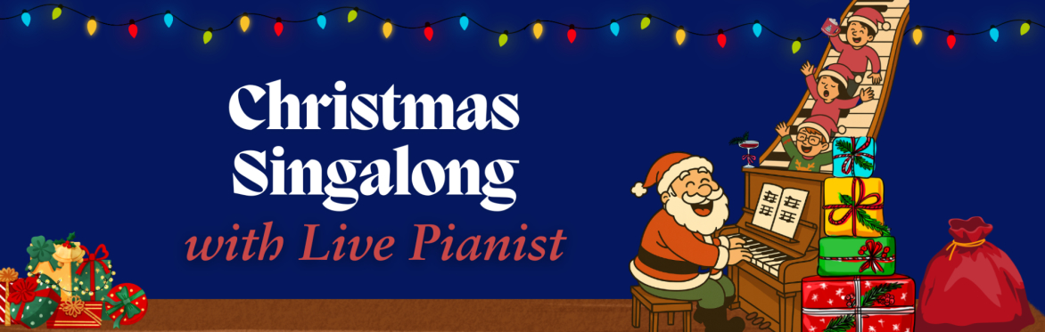 Santa plays the piano as others singalong