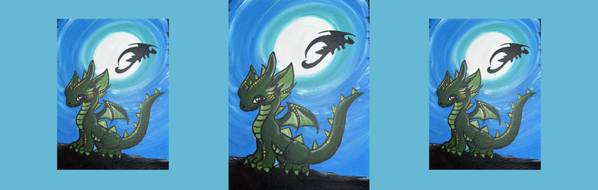 3 repeats of same image of a friendly dragon gazes beneath a glowing moon, with whimsical details and soft colors creating a magical fantasy scene.