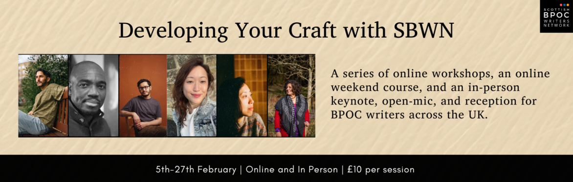Text: Developing Your Craft with SBWN.  A series of online workshops, an online weekend course, and in-person keynote + open-mic. Images: Photos of the authors facilitating this series.