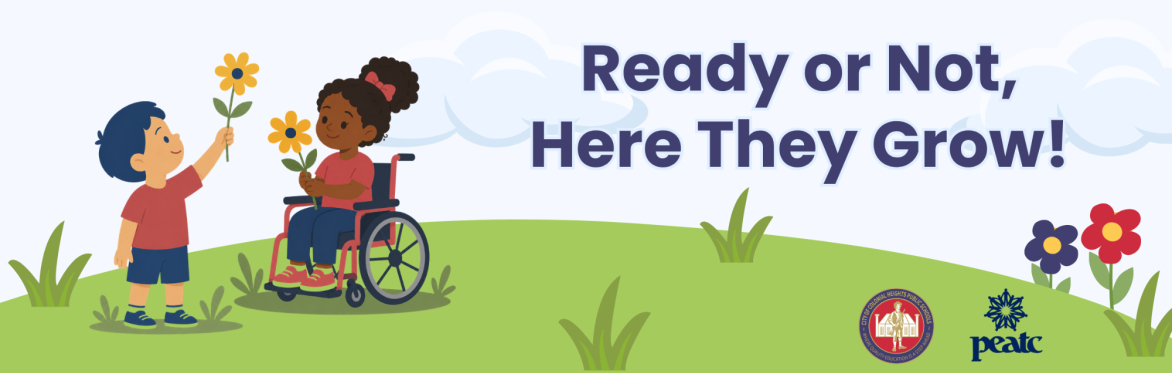 two children holding flowers, one in a wheelchair, with the title of the event at the top