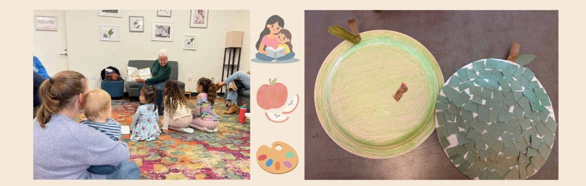 children watching someone read a book and apple art