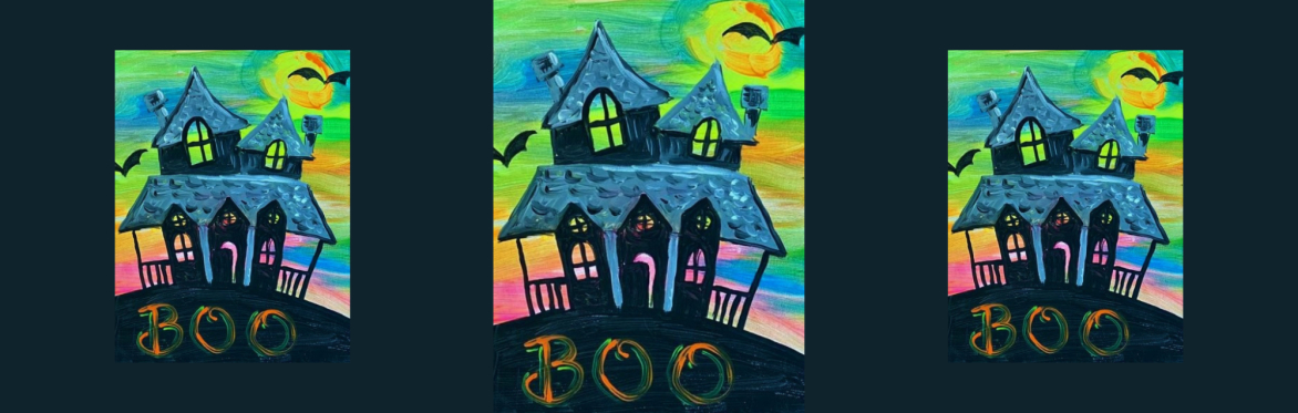 3 repeats of same image of a spooky haunted house with glowing yellow windows stands tall under a colorful sky, with bats flying around and the word “BOO” written below in orange.