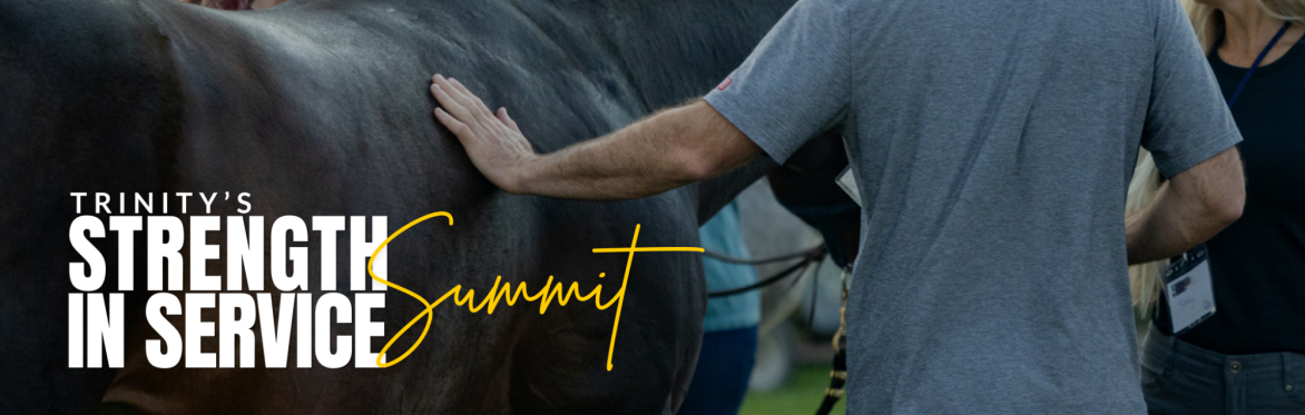 Trinity Summit logo & man petting a horse