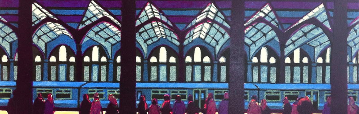 A linocut artwork of a train station