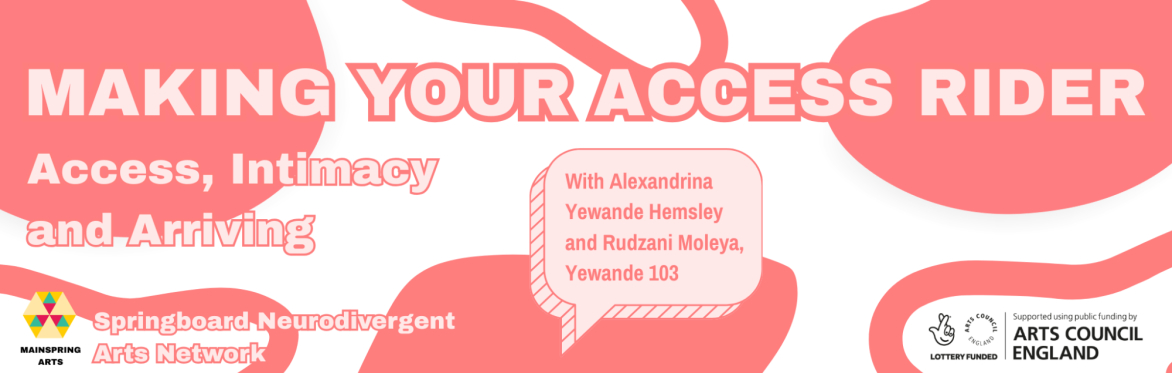 A white background with curved and looping shapes in pastel red, with light pink text that says: Making your access rider - Access, Intimacy and Arriving.