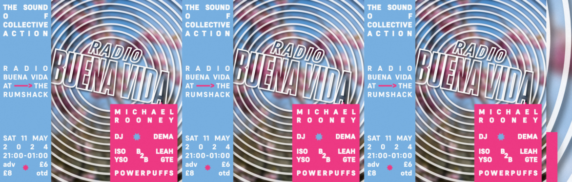 A pic of the Cherry Blossom trees on Queens Park Drive with the white outline of a vinyl record and the names of the DJs on the line up . Michael Rooney. DJ Dema. Leahgte. ISO YSO Powerpuffs