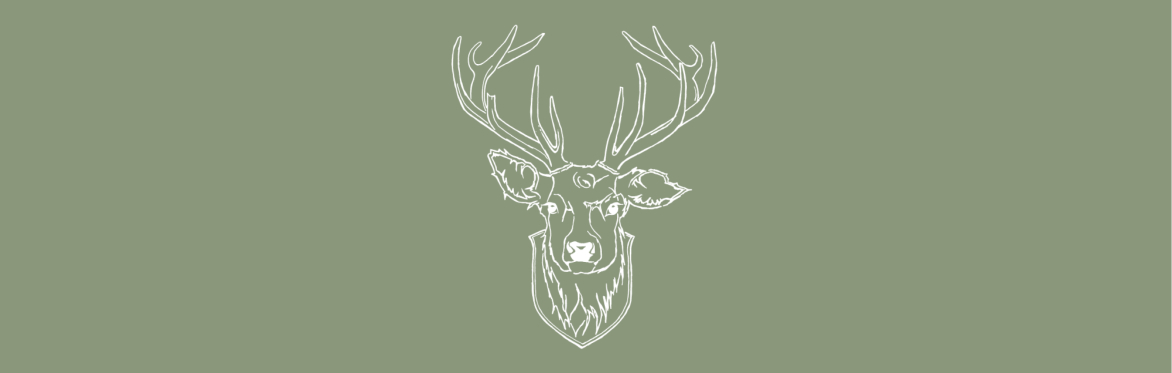 White pencil illustration of a mounted stag's head on an olive green background