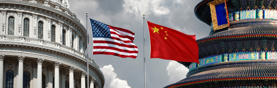 US and Chinese national symbols. The Capitol in Washington DC and Temple of Heaven in Beijing with national flags.