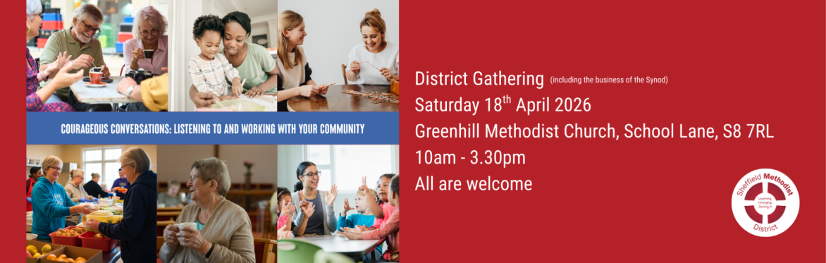 People sharing activities, games, drinks, engaged in conversations. Test reads: District Gathering, Saturday 18 April 2026, Greenhill Methodist Church, 10am-3:30pm All welcome