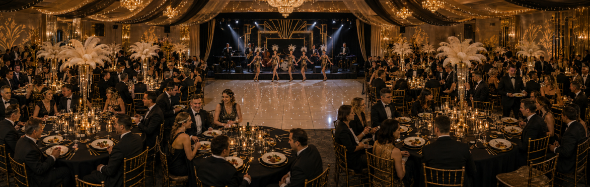 New Years Eve Great Gatsby Gala Dinner Show with 5 piece band and showgirls dancing.