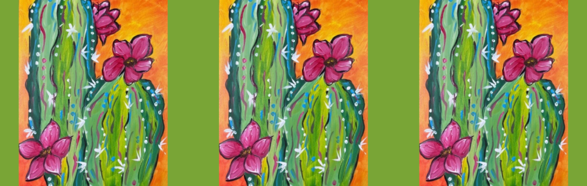 3 repeats of same image of a vibrant cactus blooms with bright pink flowers against a colorful desert-inspired background, creating a cheerful and lively southwestern scene.