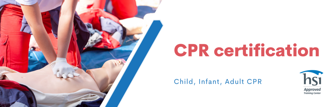 CPR certification and image of performing CPR on a manikin
