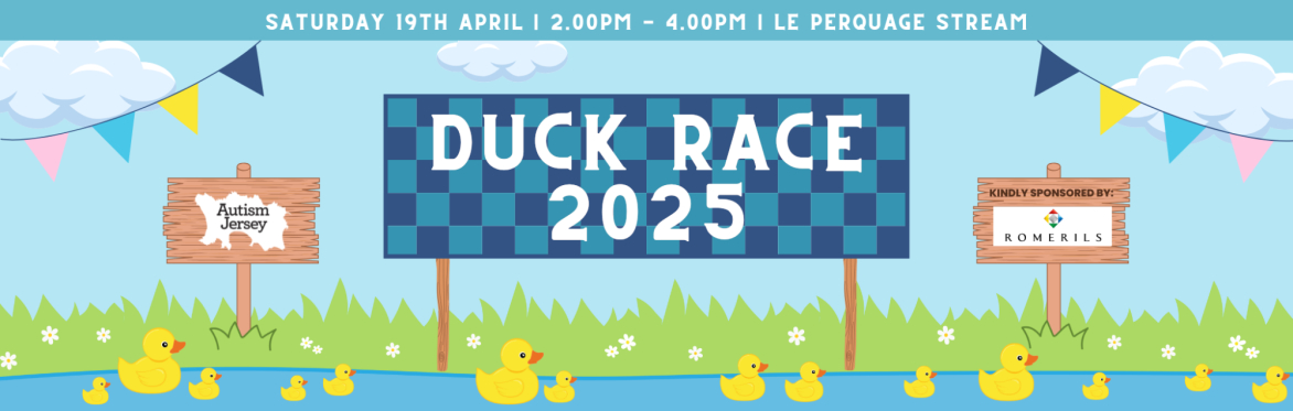 Autism Jersey's Duck Race 2025, proudly sponsored by Romerils. Saturday 19th April, at 2pm to 4pm at Le Perquage Stream