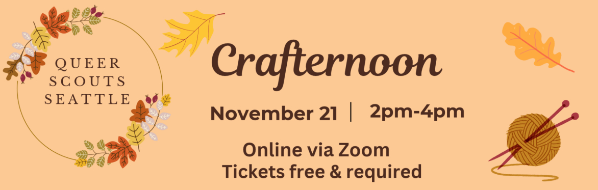 Text in event description. Pale orange background with autumnal leaves. Yarn ball with knitting needles in lower right.