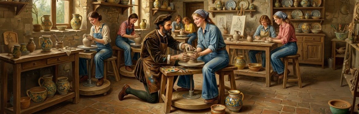 Students from the Florence Program learning traditional pottery with a master ceramic artist in a Tuscan workshop in Montelupo Fiorentino.