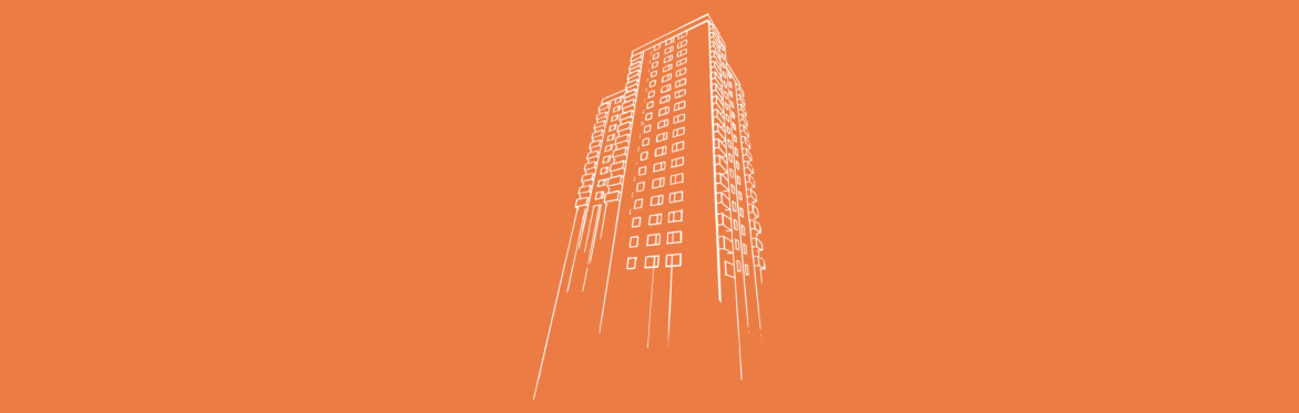 White pencil illustration of a residential tower block stretching into the sky