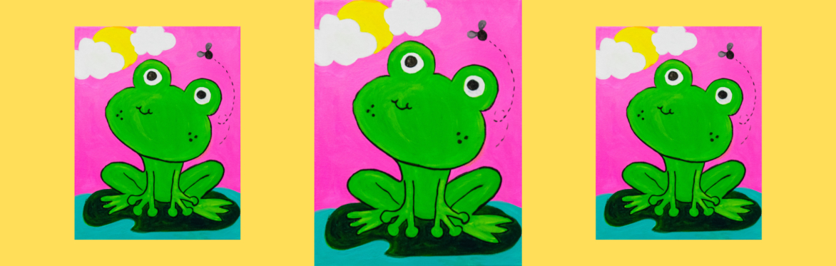 3 repeats of same image of a curious frog gazes upward from a pink background, eyeing a fly above, with two fluffy clouds and a sun shining in the top left corner — a playful and bright scene.
