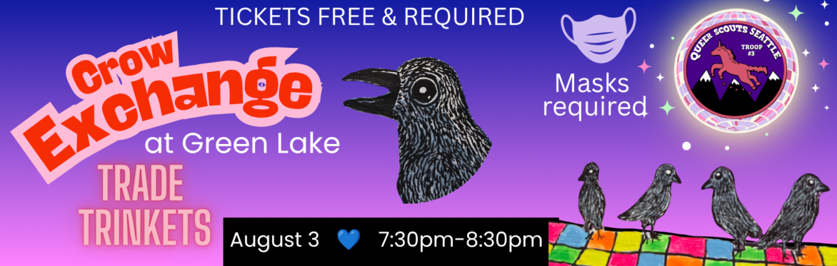 Blue & pink background with centered crow bust. Four crows dance on a colorful dance floor under a disco ball with Queer Scouts logo on the right. Mask next to disco ball. Text in event description.