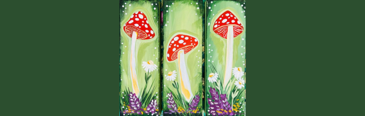 Mystical Mushroom is a triptych painting featuring three layered scenes of red mushrooms, each surrounded by white and violet flowers below, all glowing with a soft, magical, and mystical vibe.