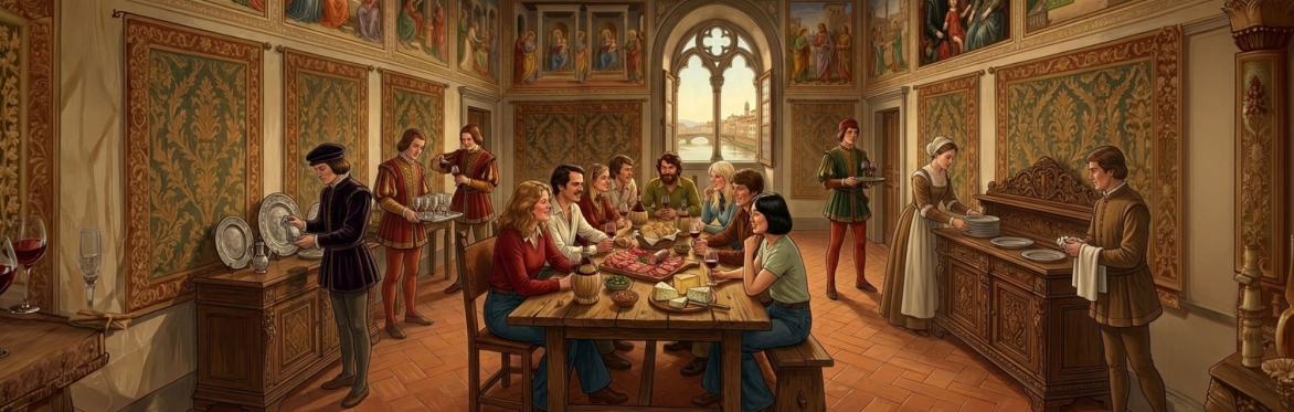 Classmates sharing Tuscan wines and traditional local specialties during a wine tasting in Florence.