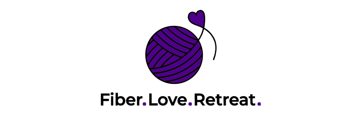 Purple yarn ball with the words Fiber.Love.Retreat. beneath
