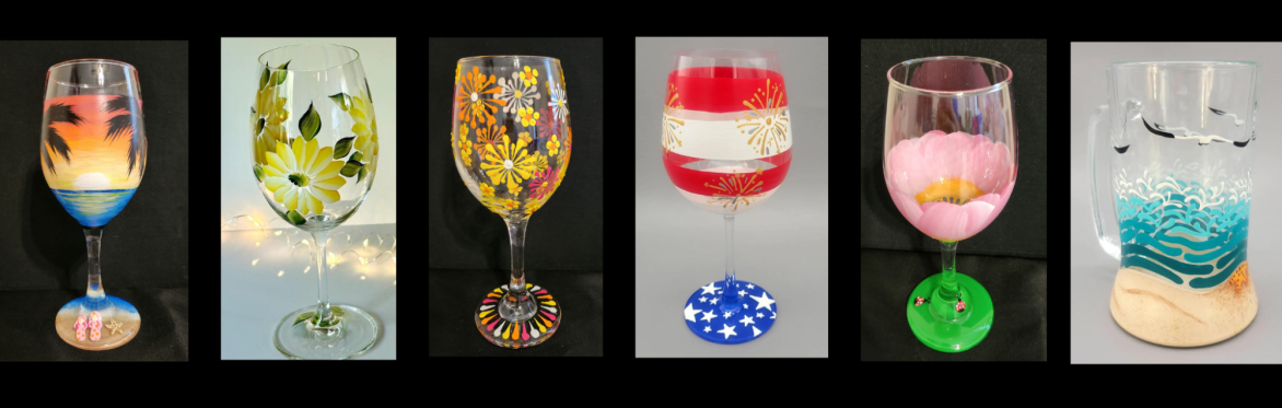 wine glasses painted with beach theme and flowers