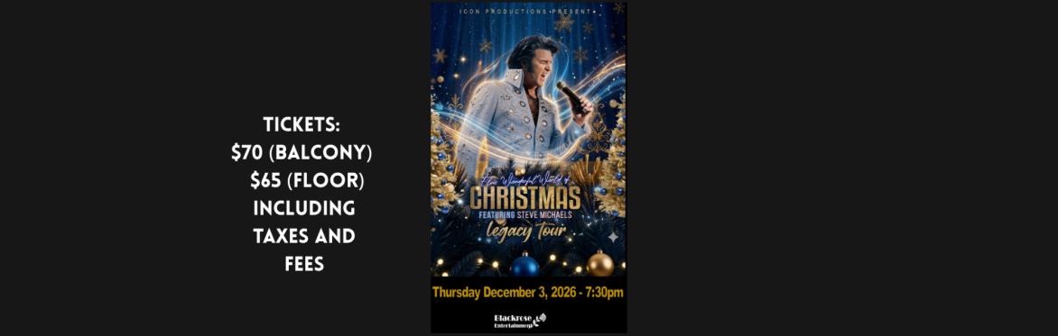 A horizontal image with the logo of Blackrose entertainment and a poster featuring Elvis holding a microphone and singing with holiday decor.