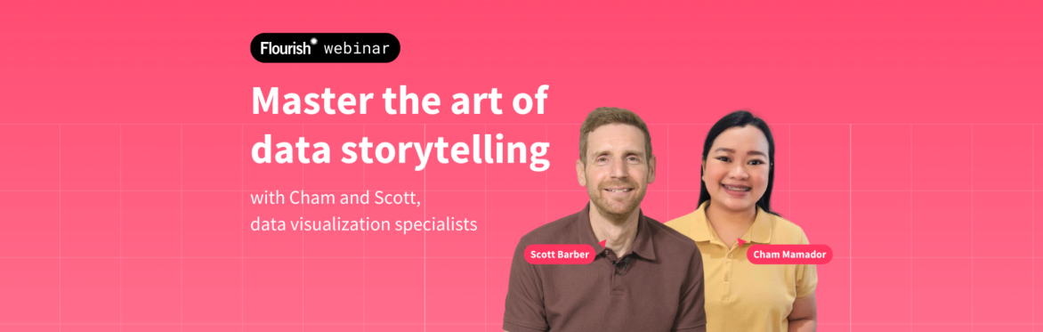 Image with text: Flourish webinar, Master the art of data storytelling. With Cham and Scott, data visualization specialists.