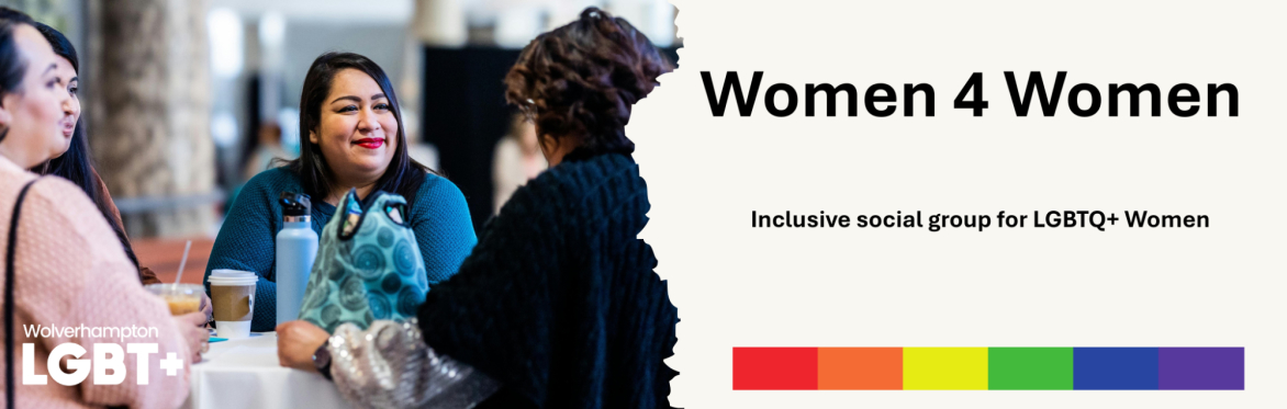 An image depicting 4 women in conversation while drinking coffee. On the right is a banner cut in showing the header Women 4 Women and the descriptor "Inclusive social group for LGBTQ+ Women"