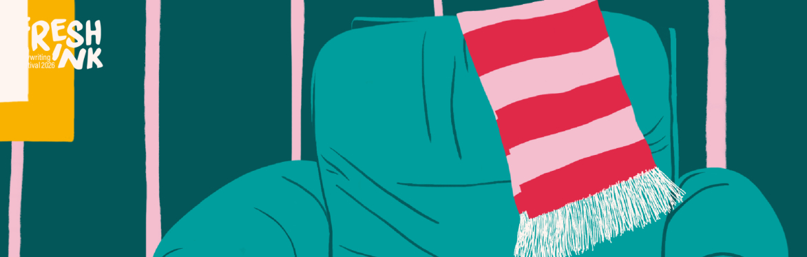 Illustration of an armchair with a striped football scarf draped over the back.