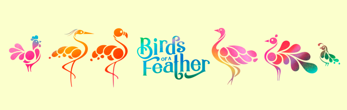 Birds of a Feather logo in the middle of six mid-century shaped variations of birds