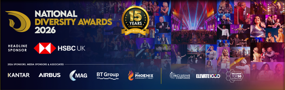 Image montage of various images from the National Diversity Awards, which is layered with the NDA, HSBC and 2025 Sponsor Logos