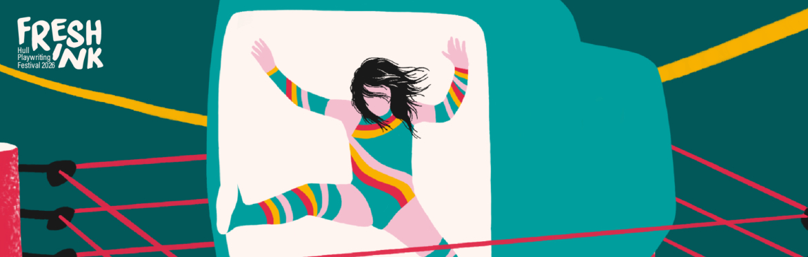 Illustration of an old boxy television set inside a wrestling ring, with a female wrestler in a stripey costume leaping through the screen.